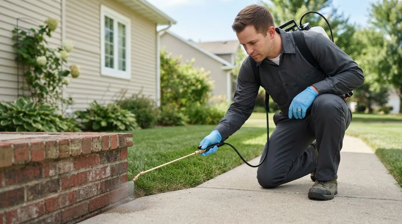 Pest control technician treating a home near Alzada, MT